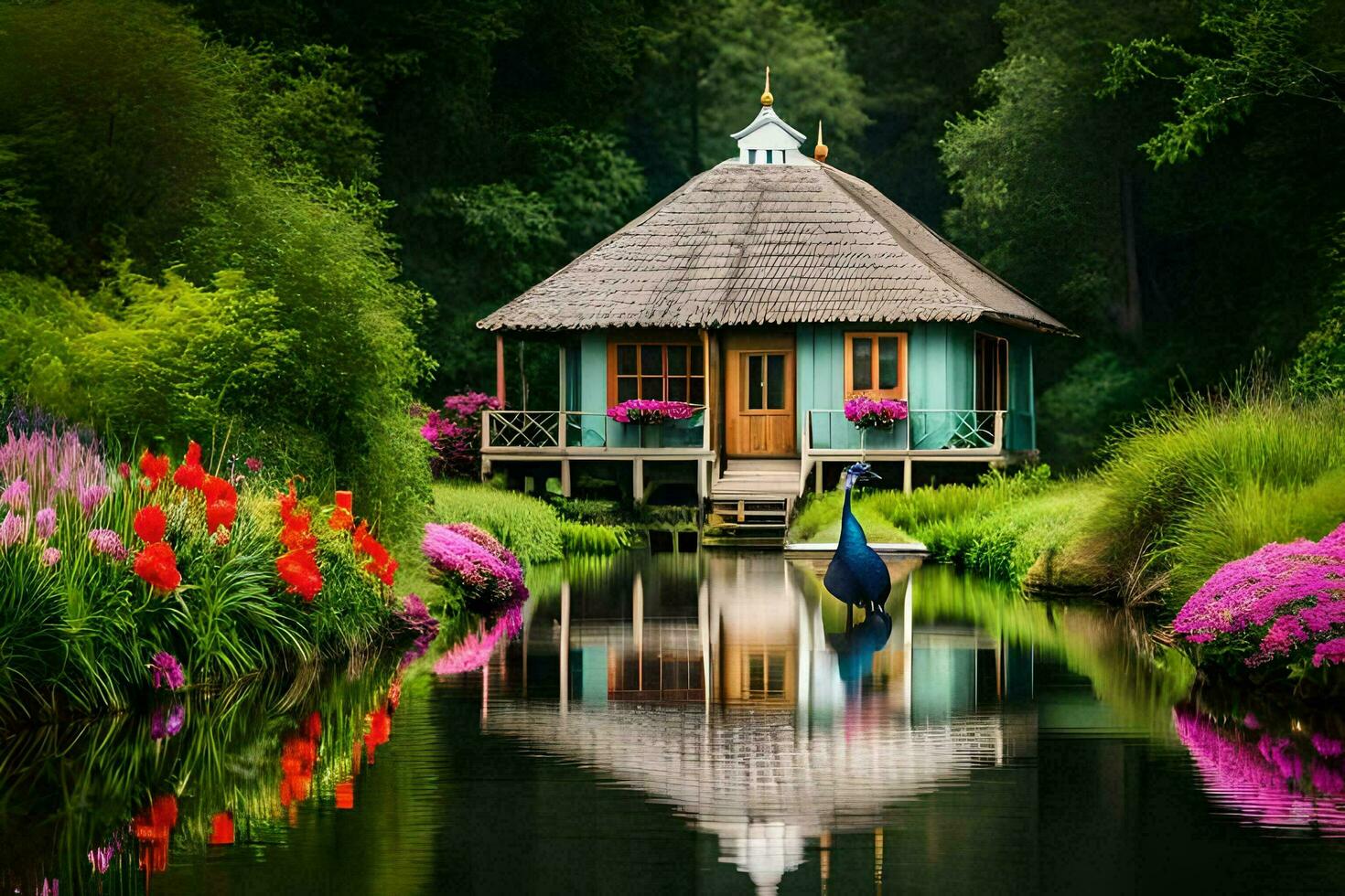 a small house sits on the edge of a pond surrounded by flowers. AI-Generated photo