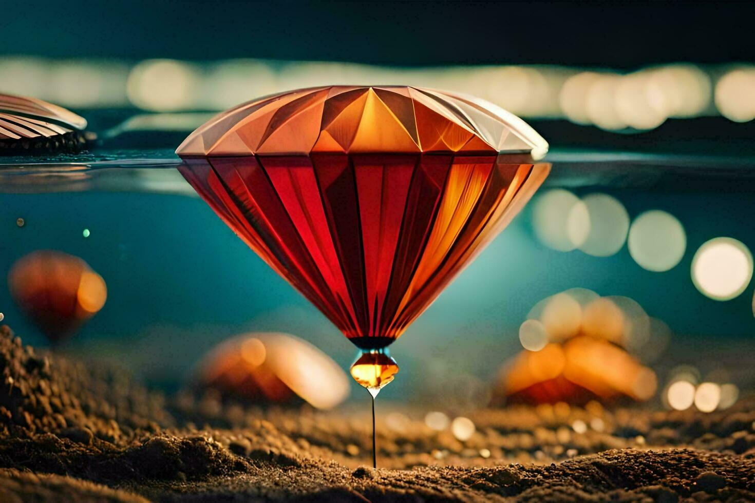 a red hot air balloon floating in the water. AI-Generated photo