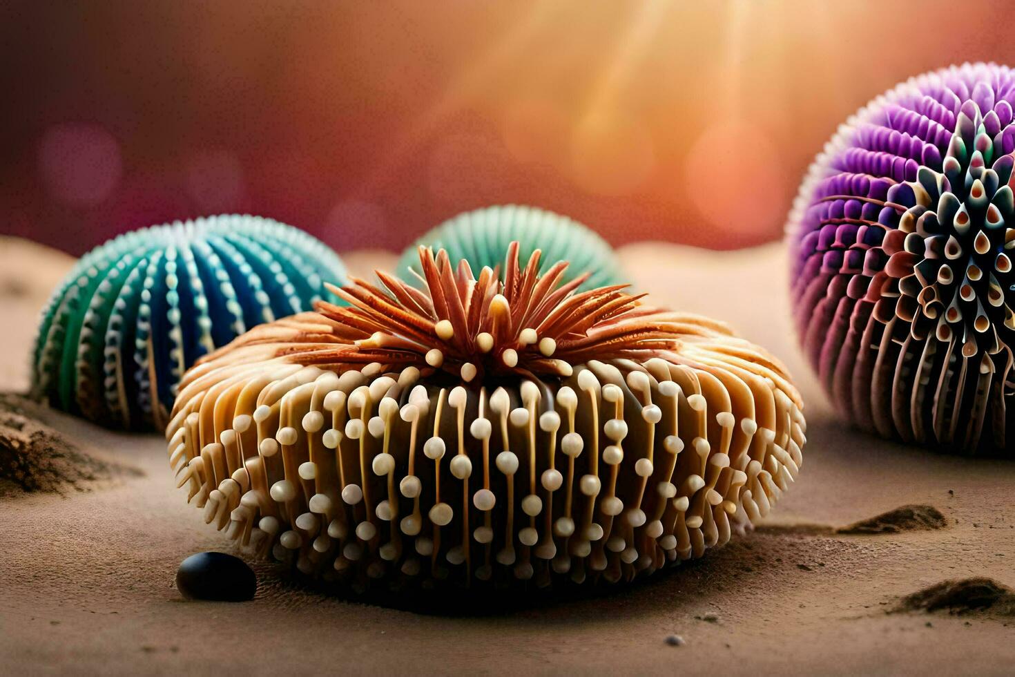 three colorful paper balls on a sandy surface. AI-Generated photo