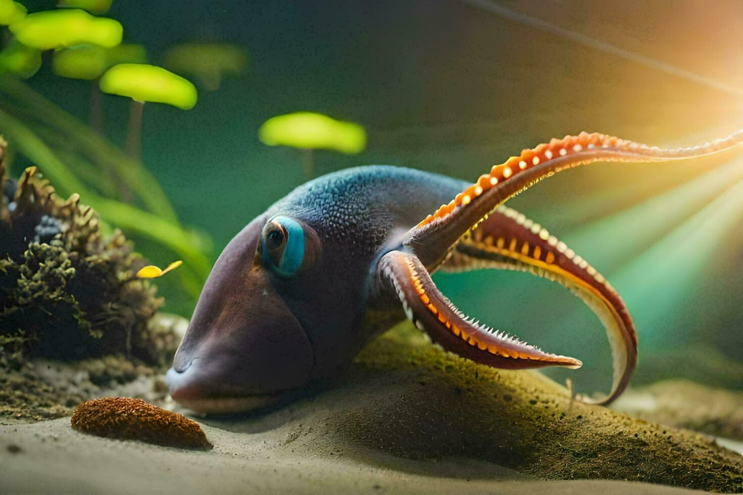 a squid with its head down on the sand. AI-Generated photo
