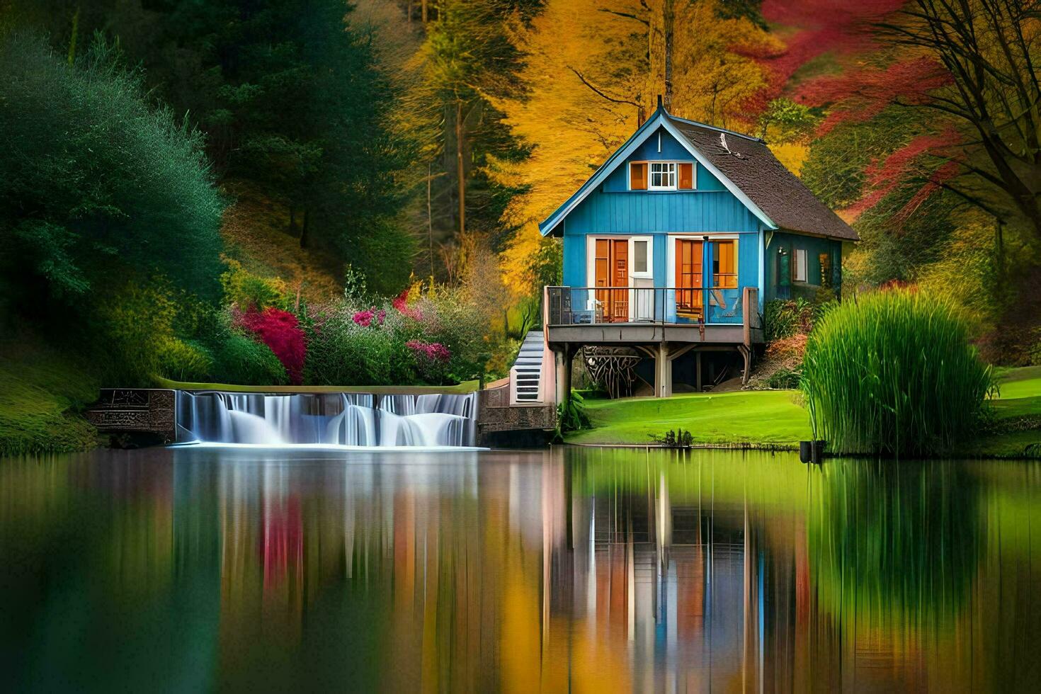 a small house sits on the edge of a pond. AI-Generated photo