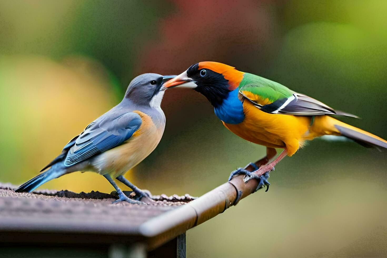 two colorful birds on a roof. AI-Generated photo