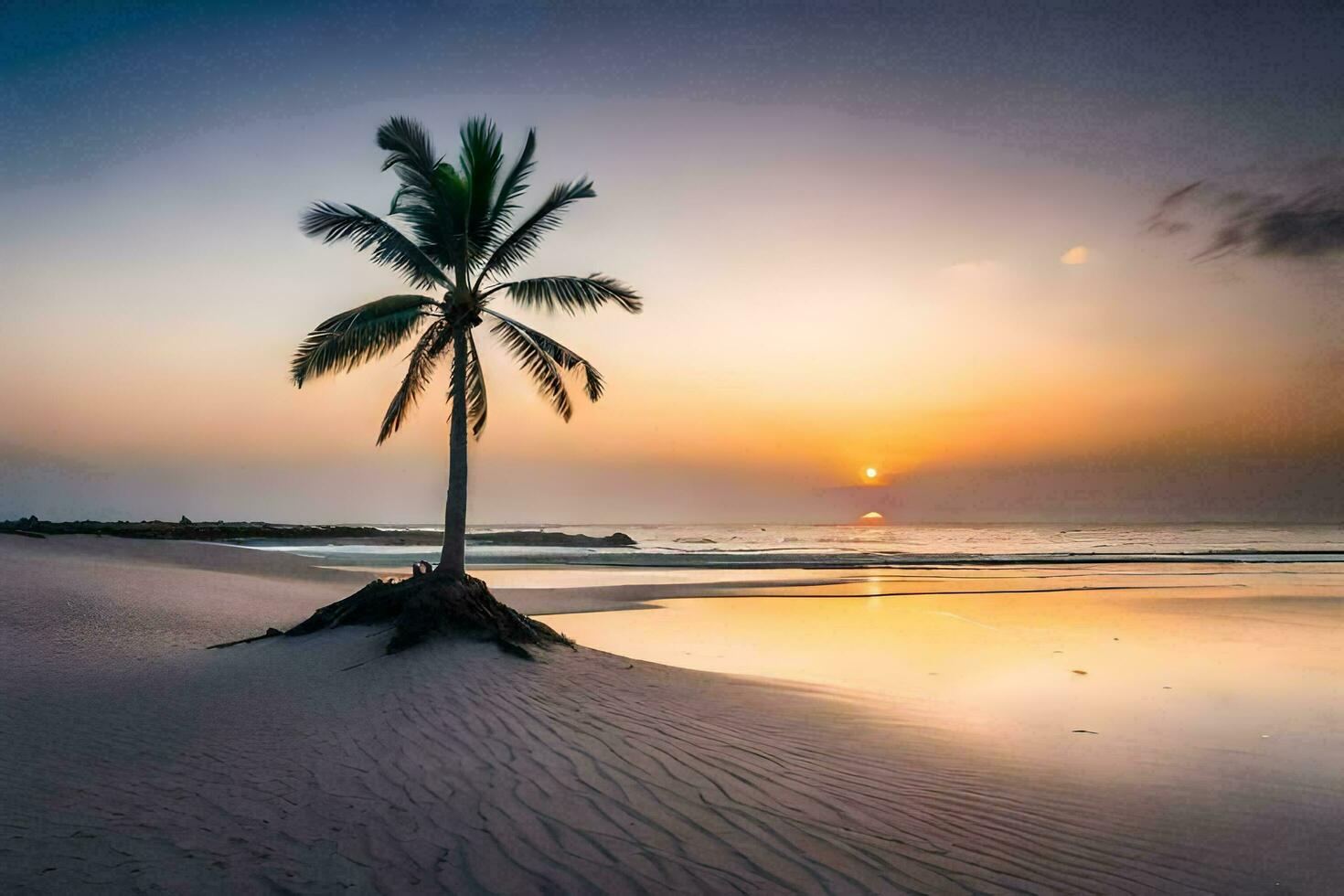 the palm tree on the beach at sunset. AI-Generated photo