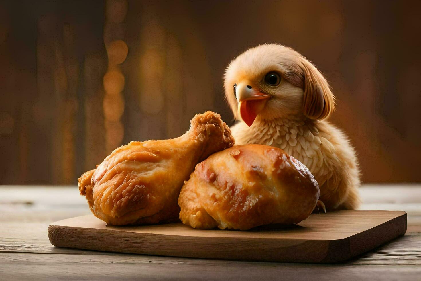 a chicken sitting on a wooden cutting board with two rolls of bread. AI-Generated photo