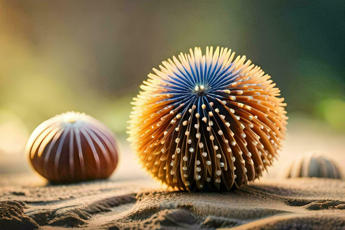 two spiky balls sitting on the sand. AI-Generated photo