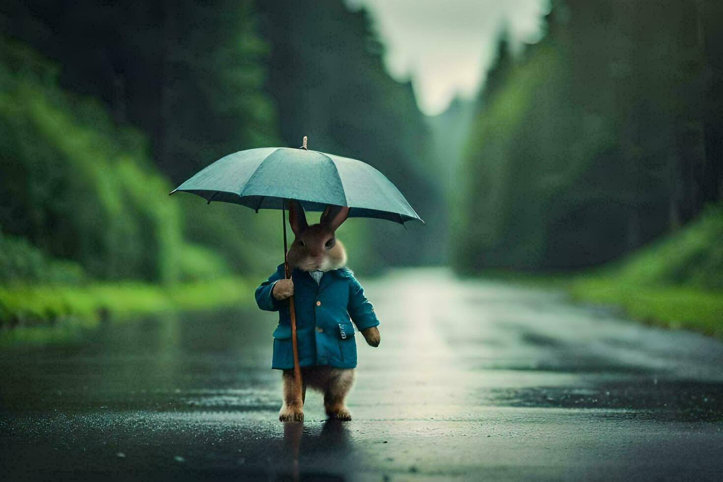 un Conejo en un impermeable caminando abajo un la carretera. generado por ai foto