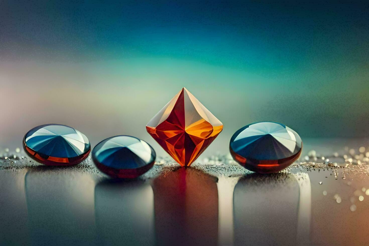three blue and red spheres sitting on a table. AI-Generated photo