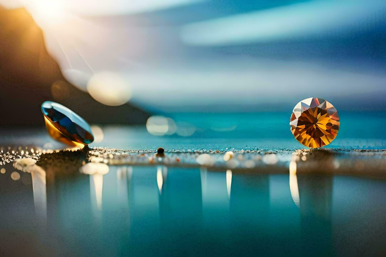 two diamonds sitting on the beach with the sun shining. AI-Generated photo