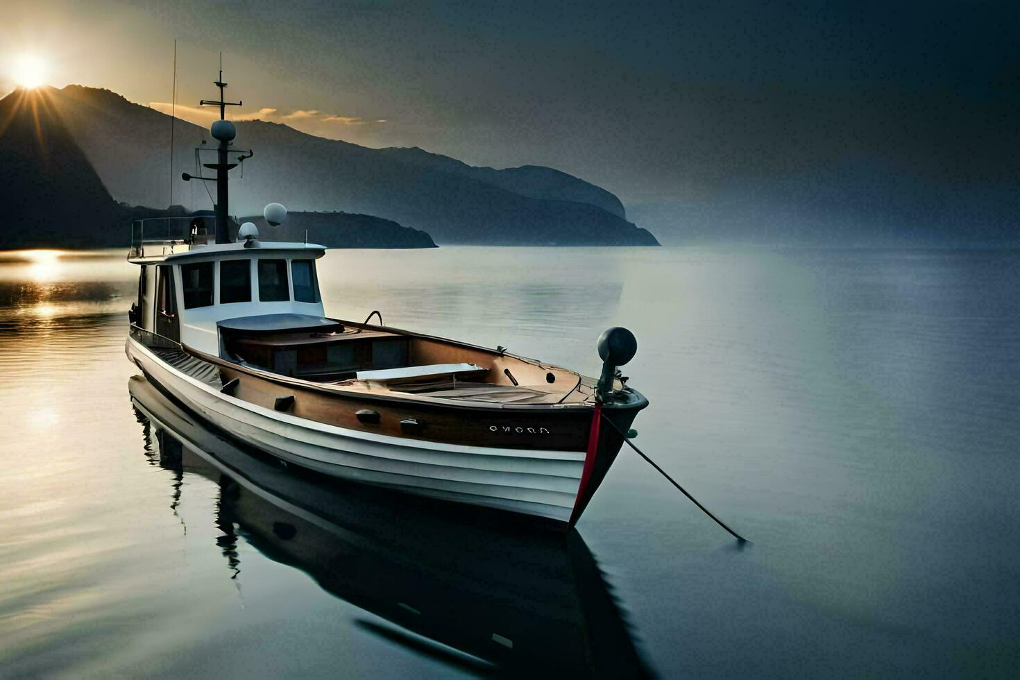 a boat is docked in the water at sunset. AI-Generated photo