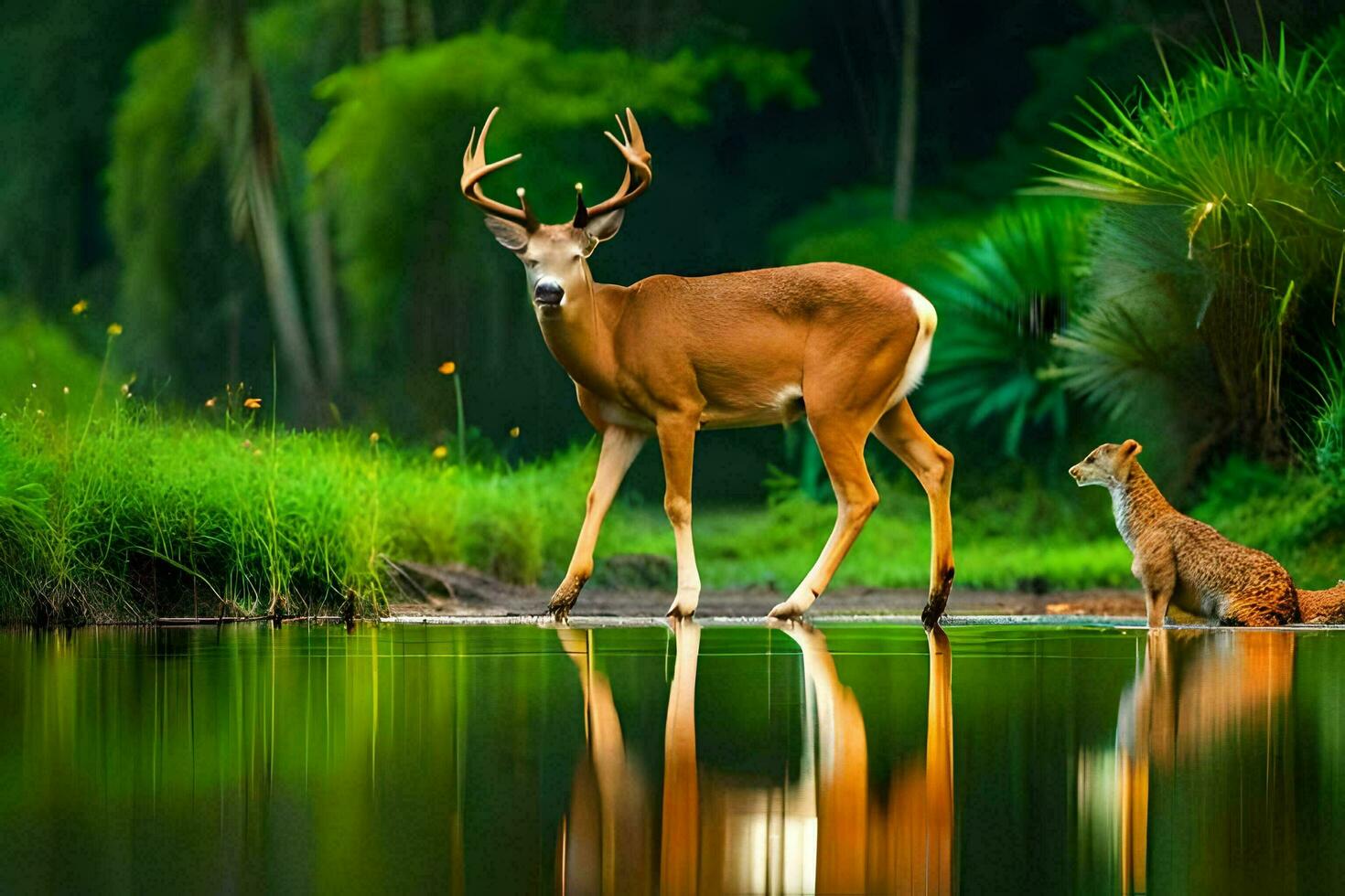 a deer and cat are standing in the water. AI-Generated photo