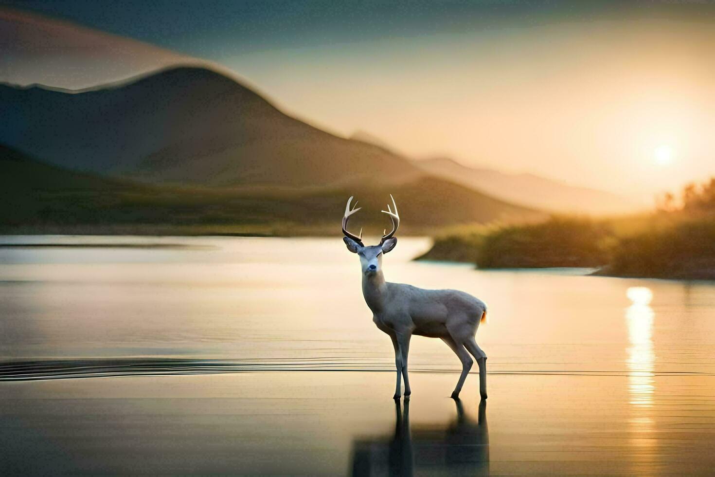 un ciervo soportes en el agua a puesta de sol. generado por ai foto