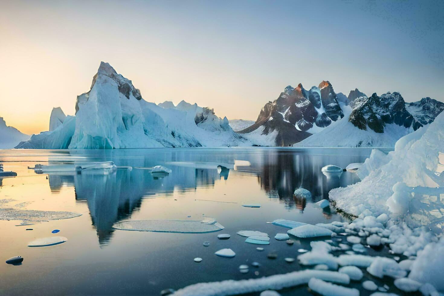 the sun sets over the ice and snow in the arctic. AI-Generated photo