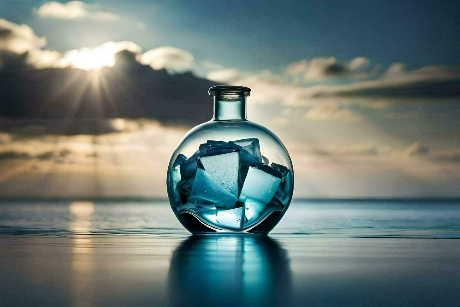 a bottle filled with ice on the beach. AI-Generated photo