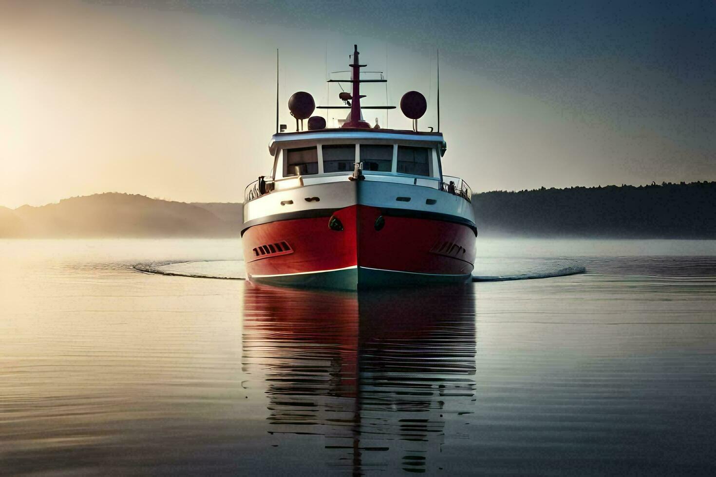 a red and white boat is sailing on the water. AI-Generated photo