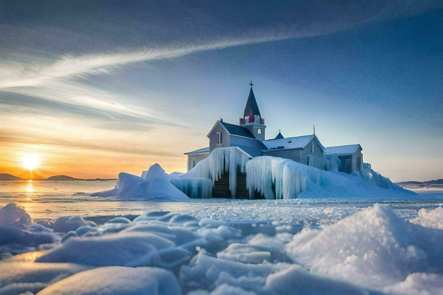 a church is surrounded by ice and snow. AI-Generated photo