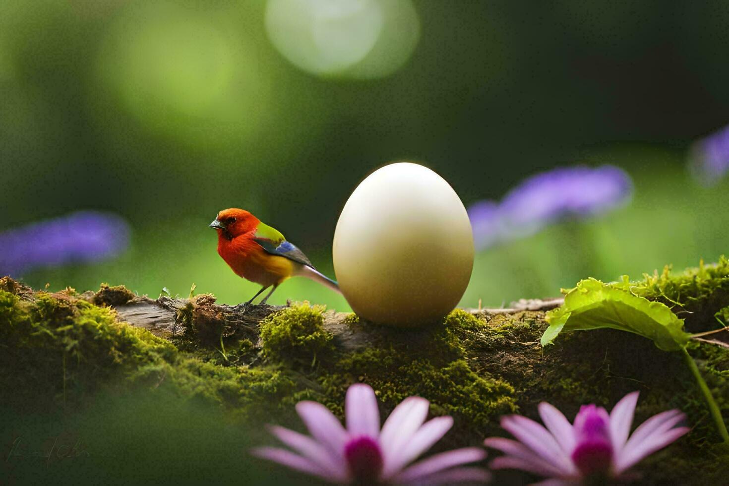 a bird and an egg in the forest. AI-Generated photo