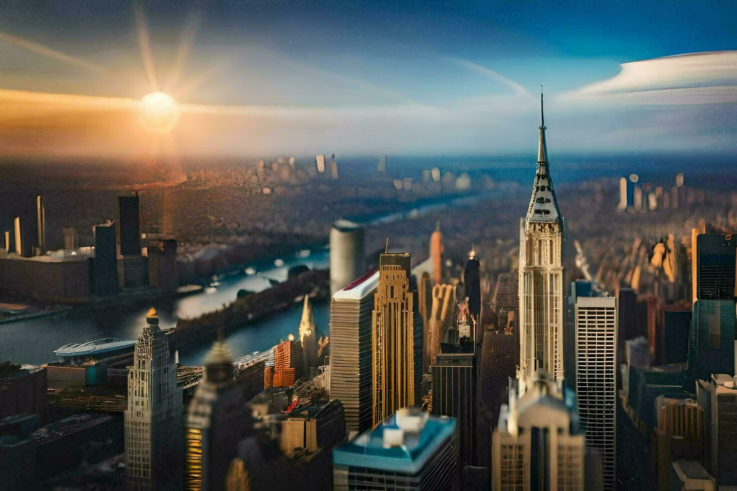 the sun rises over new york city. AI-Generated photo