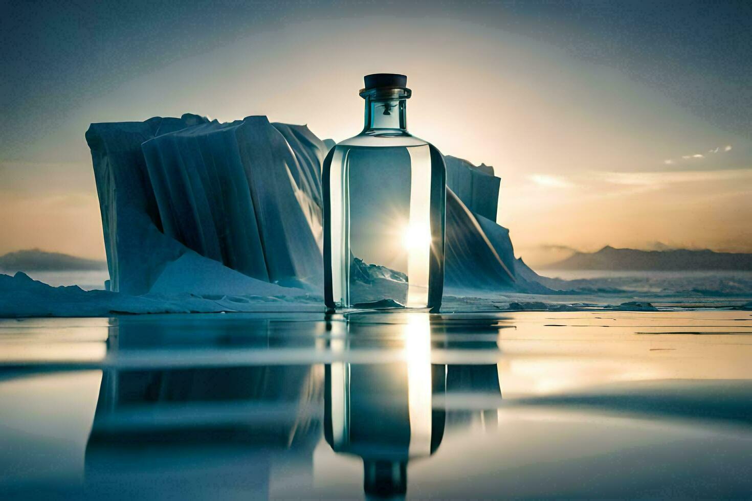 un botella de alcohol es sentado en el agua con icebergs en el antecedentes. generado por ai foto