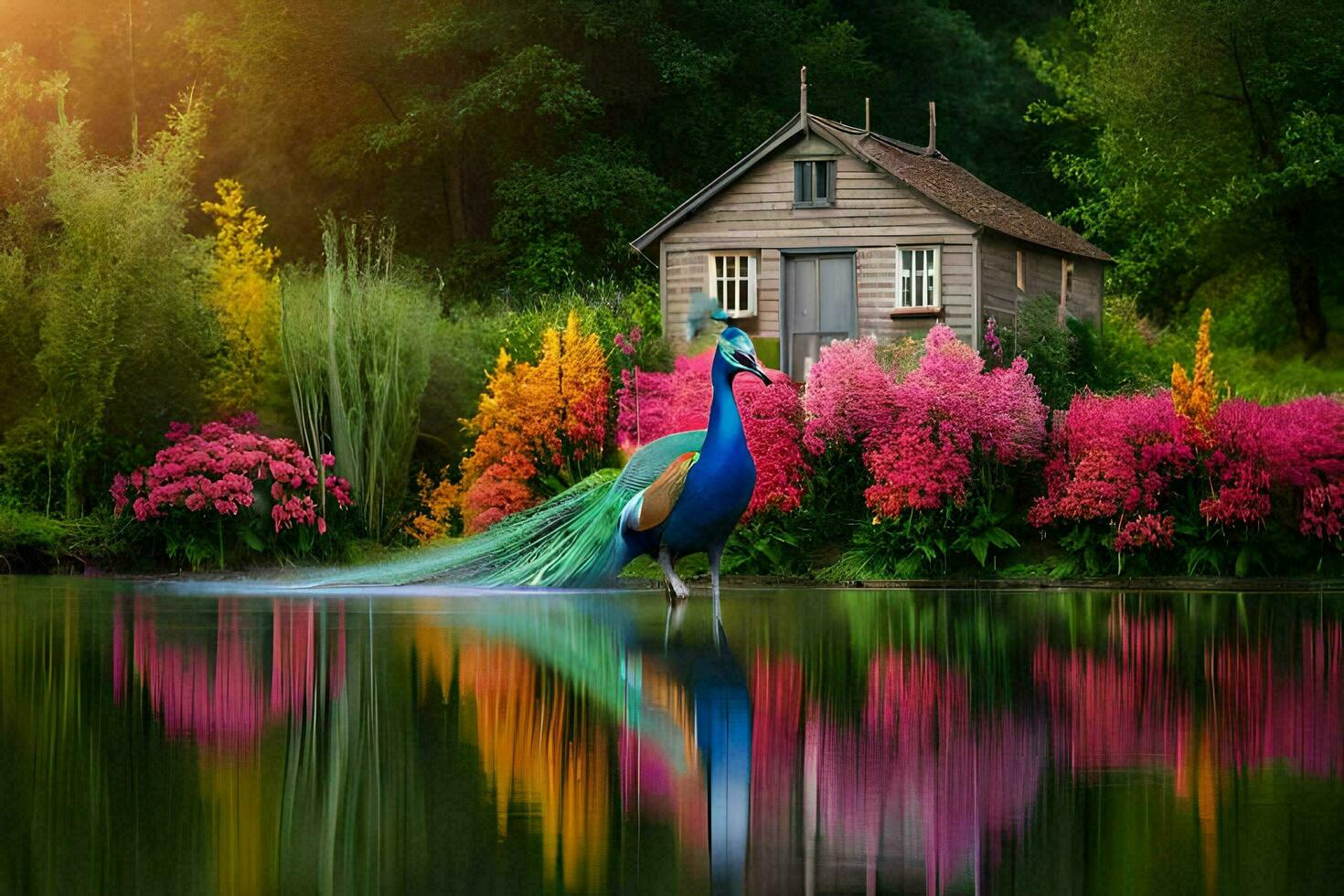 a peacock stands in front of a house with colorful flowers. AI-Generated photo