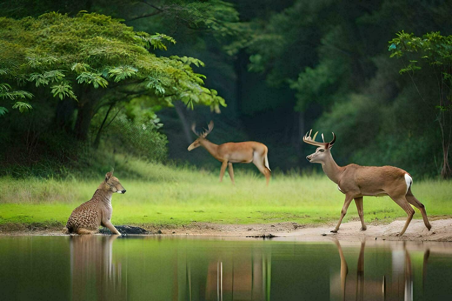 two deer are standing near a body of water. AI-Generated photo