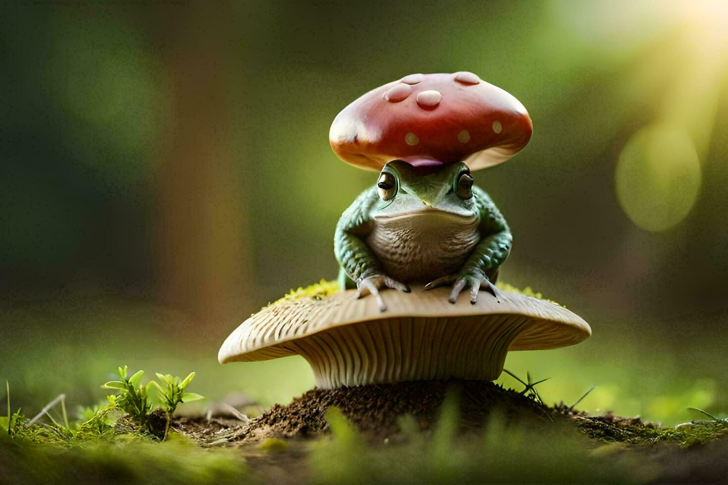 a frog with a mushroom on its head. AI-Generated photo