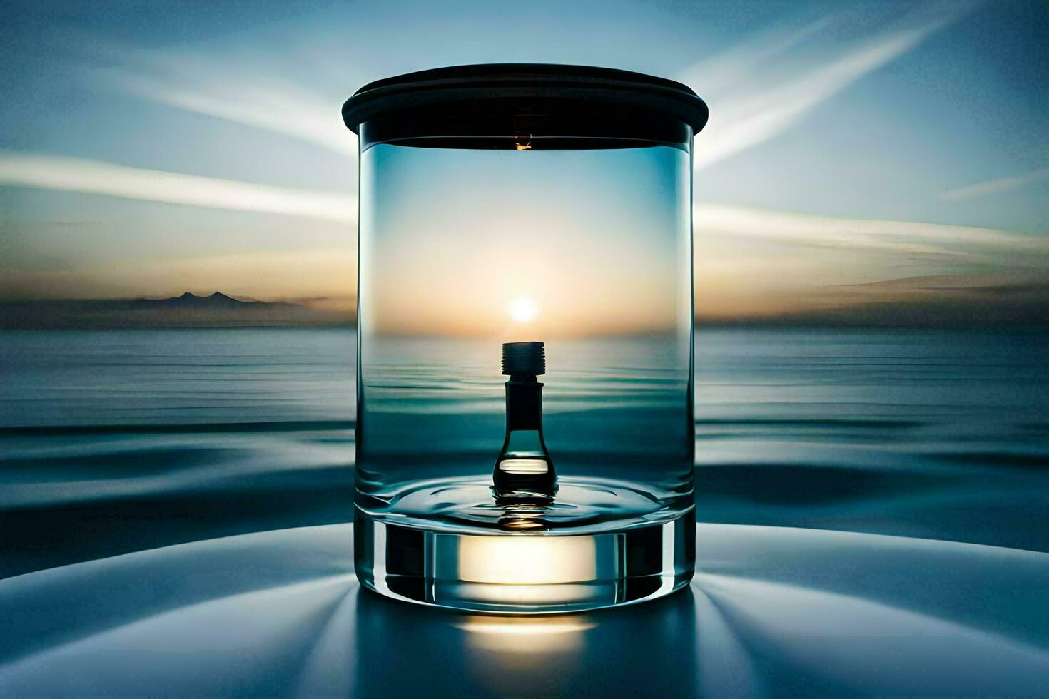 un vela es iluminado en un vaso tarro en el océano. generado por ai foto