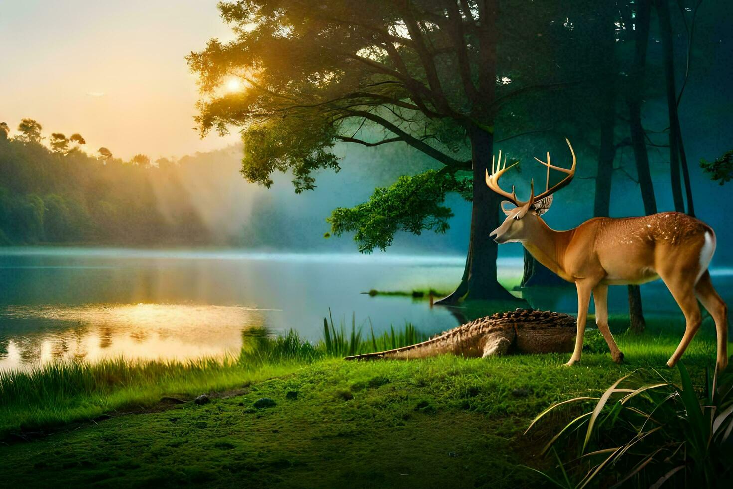 deer and crocodile in the forest at sunset. AI-Generated photo
