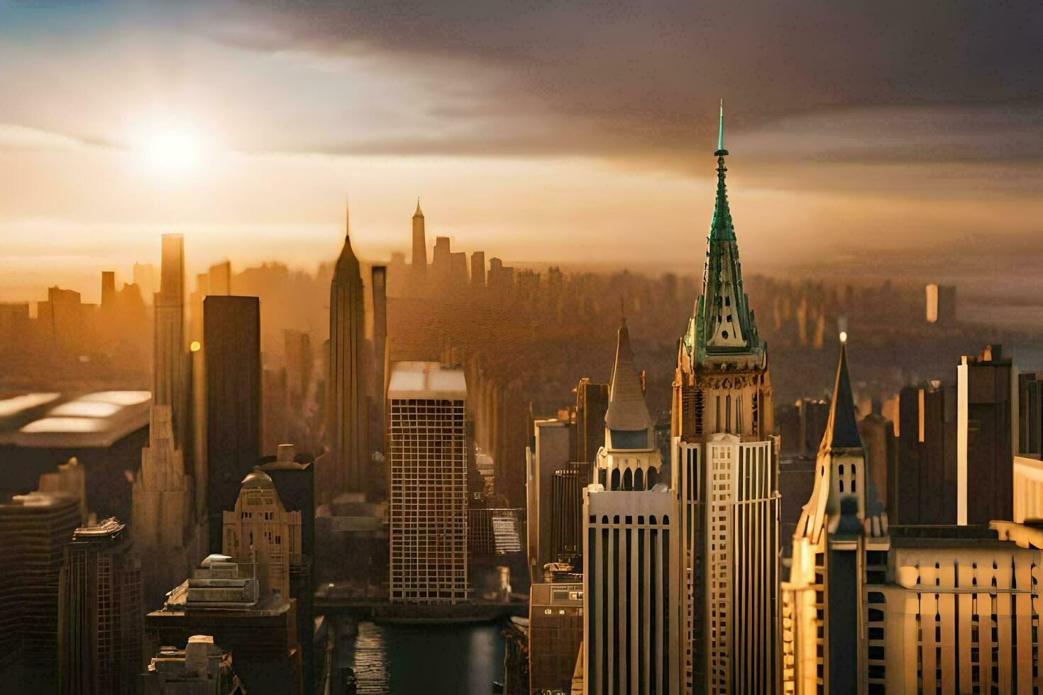 the sun sets over the city skyline in new york. AI-Generated photo