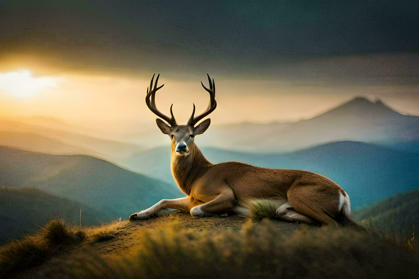 un ciervo es sentado en un colina a puesta de sol. generado por ai foto