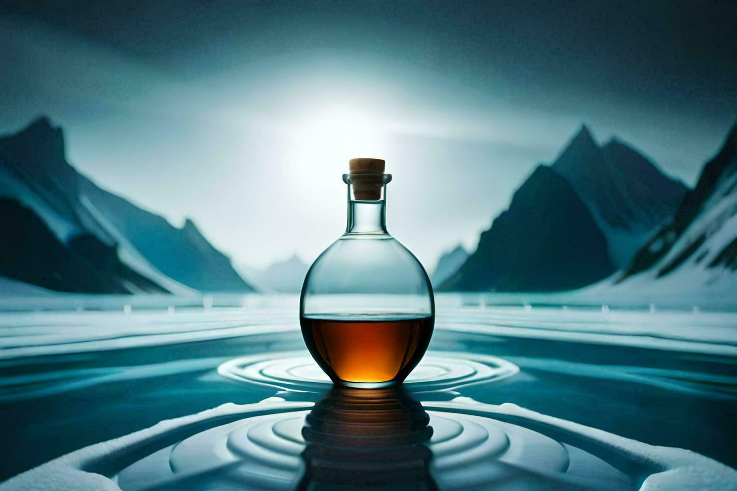 a bottle of whisky in the middle of a lake. AI-Generated photo