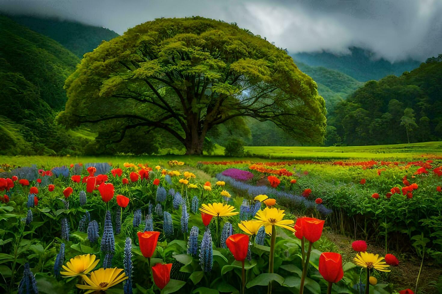 a beautiful tree and colorful flowers in the middle of a field. AI-Generated photo