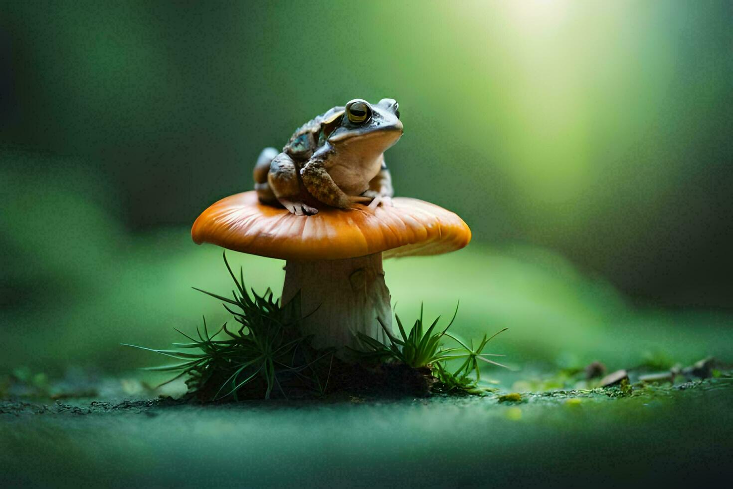 a frog sits on top of a mushroom in the forest. AI-Generated photo