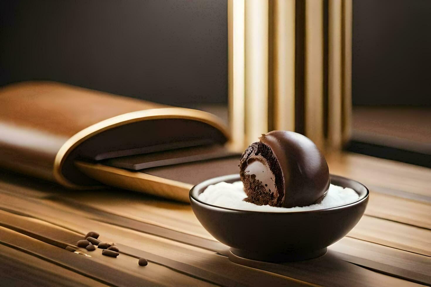 un chocolate pelota en un cuenco con un oro caso. generado por ai foto