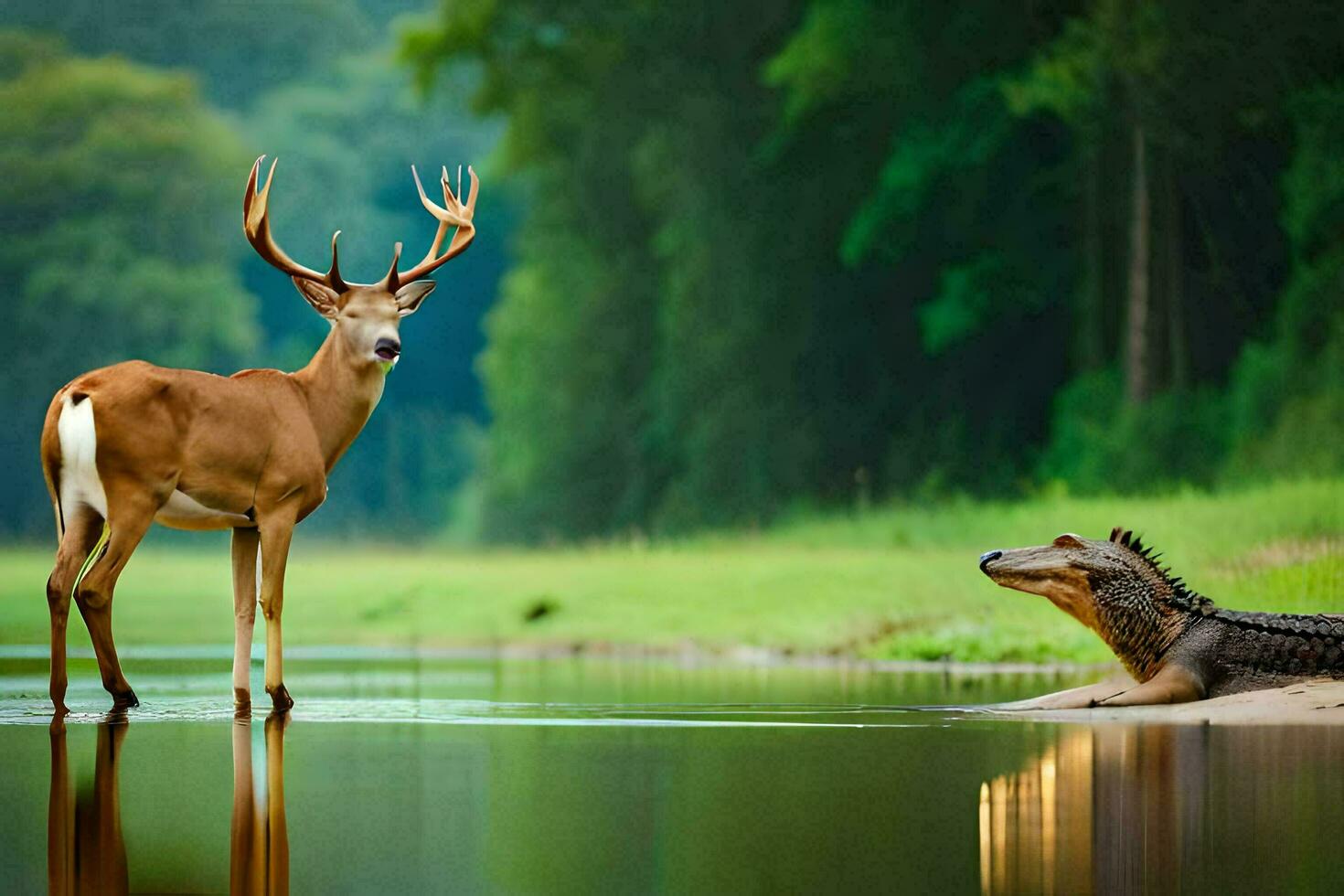 a deer and alligator standing in a river. AI-Generated photo