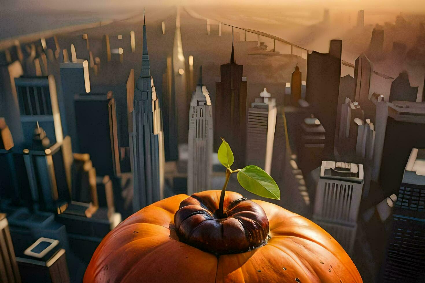 a pumpkin with a plant growing out of it in front of a city. AI-Generated photo