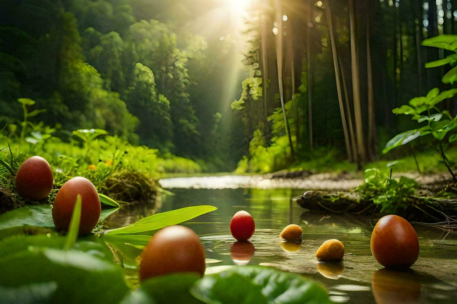 eggs floating in a river in the forest. AI-Generated photo