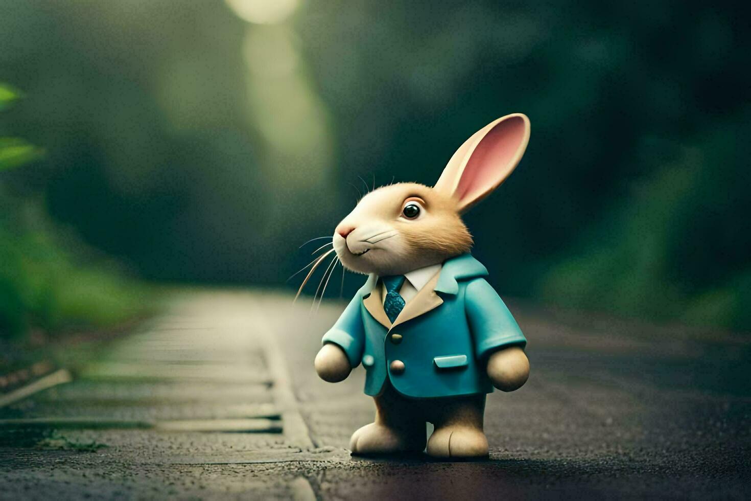 a small toy rabbit in a blue suit and tie. AI-Generated photo