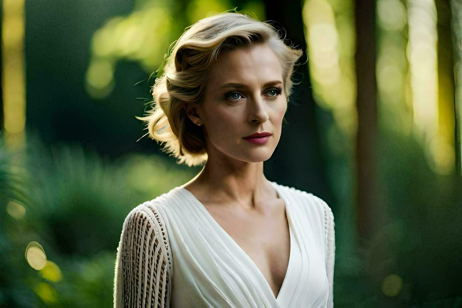 a woman in a white dress standing in the woods. AI-Generated photo