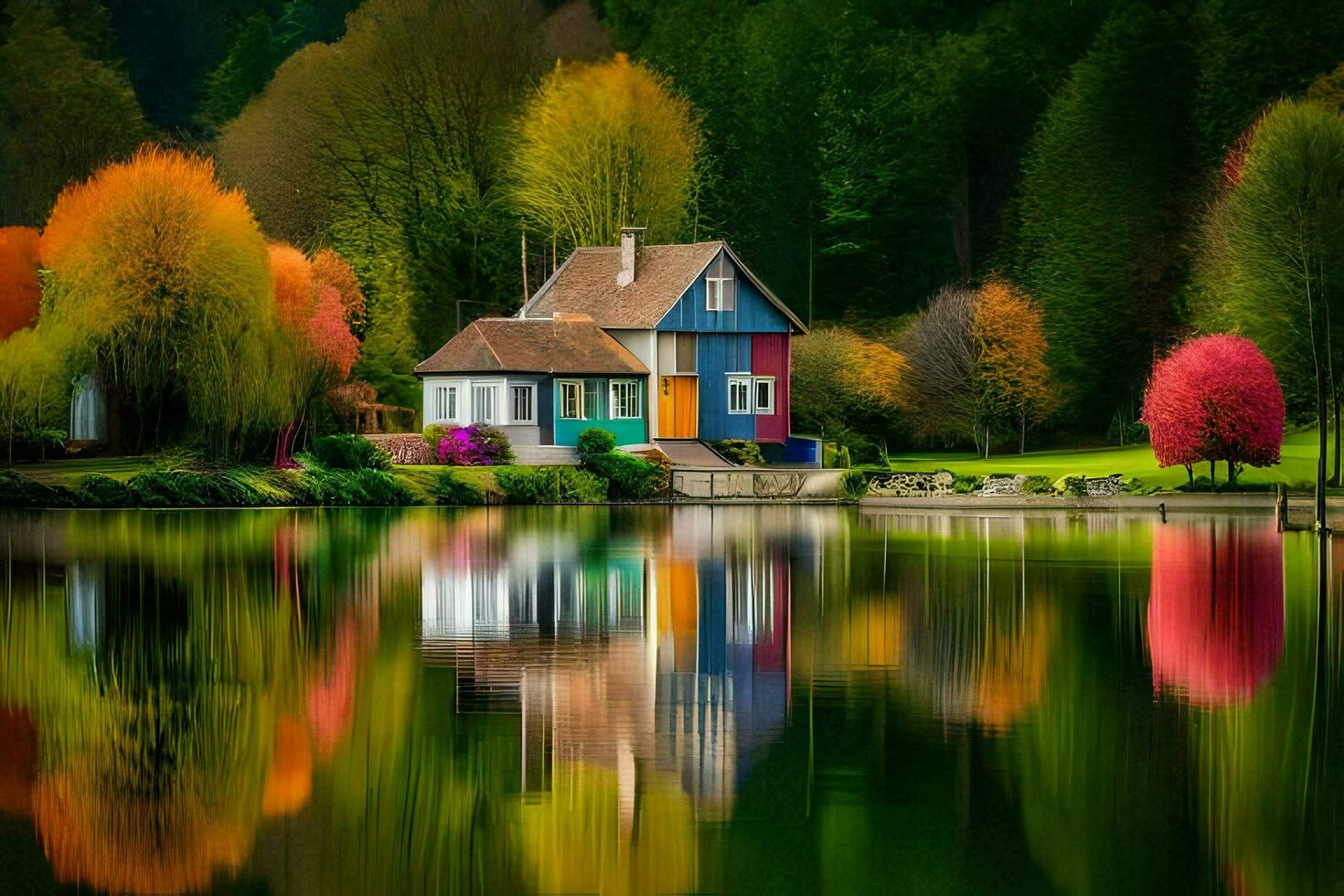 colorful trees and a house on the lake. AI-Generated photo