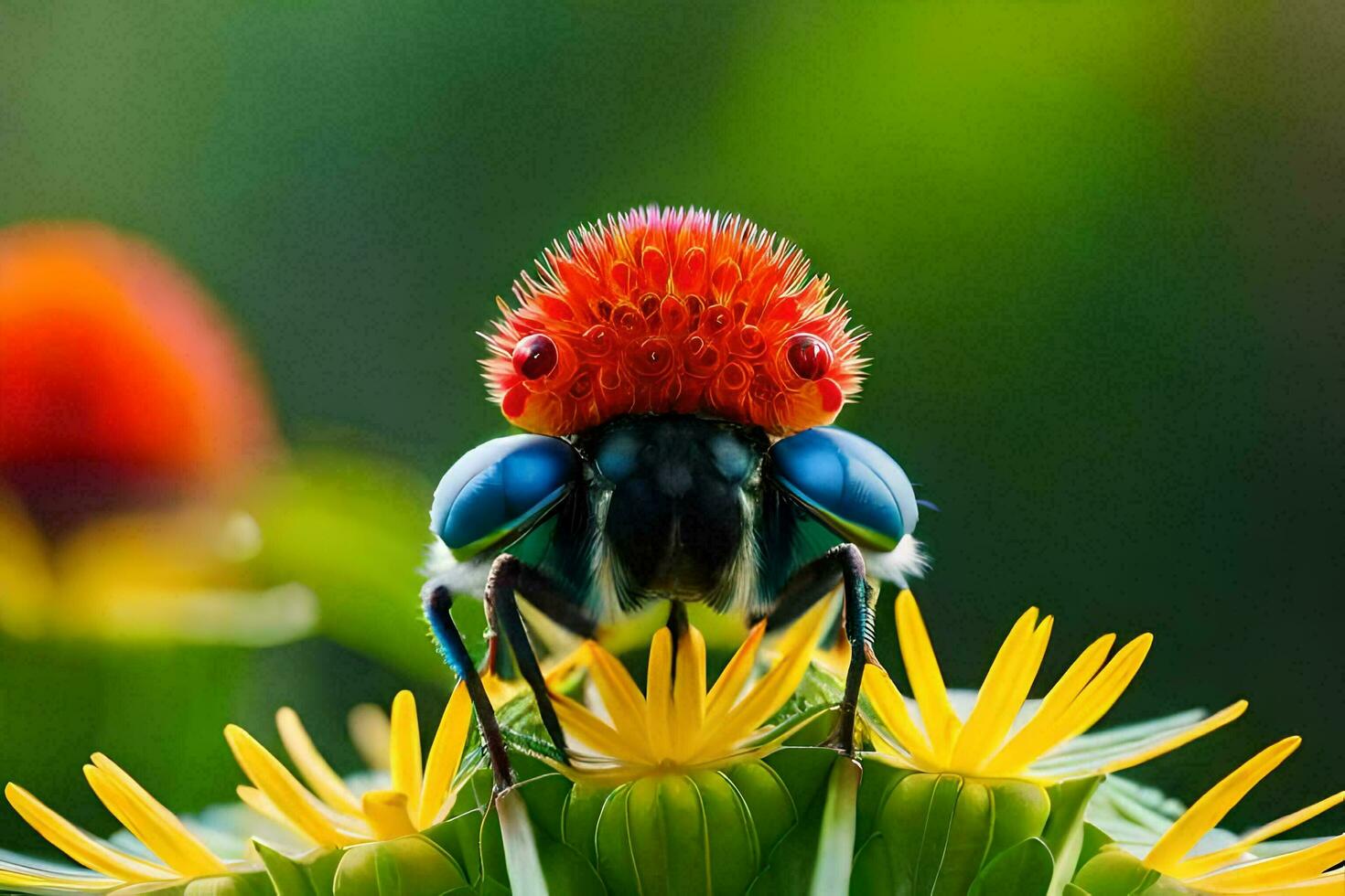 a colorful insect with red eyes on top of a flower. AI-Generated photo