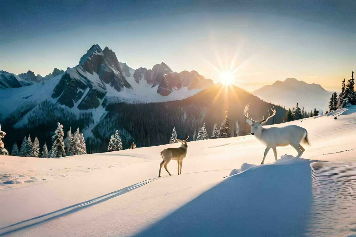 two deer stand in the snow at sunset. AI-Generated photo