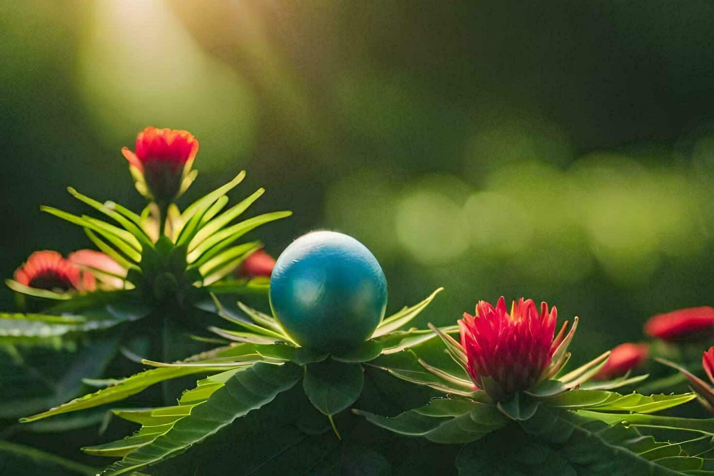 un azul huevo en un verde planta. generado por ai foto