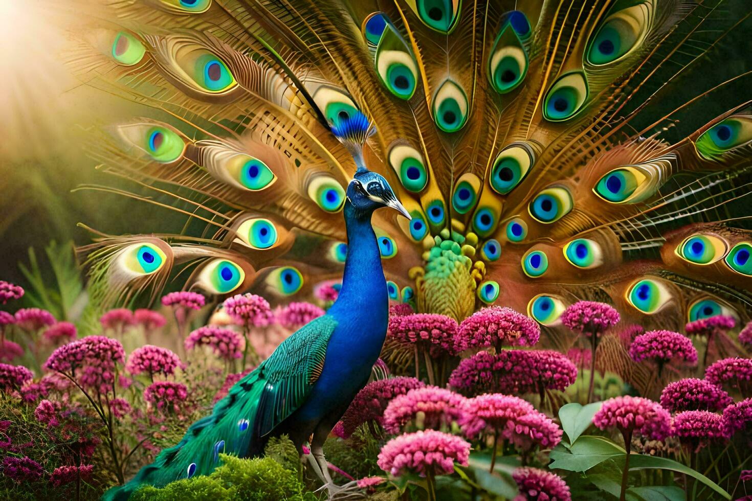 a peacock is standing in a field of flowers. AI-Generated photo