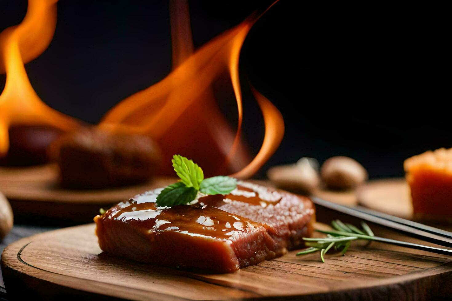 a piece of salmon on a wooden board with a piece of bread and a piece of mushrooms. AI-Generated photo