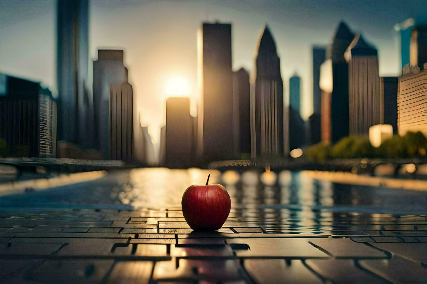 an apple sits on the ground in front of a city. AI-Generated photo