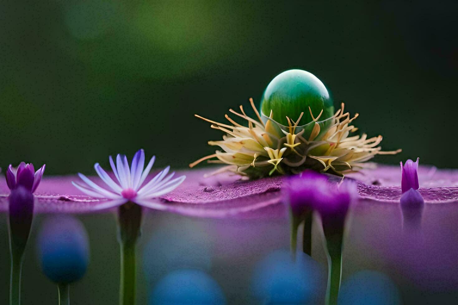 un verde huevo en parte superior de un púrpura flor. generado por ai foto