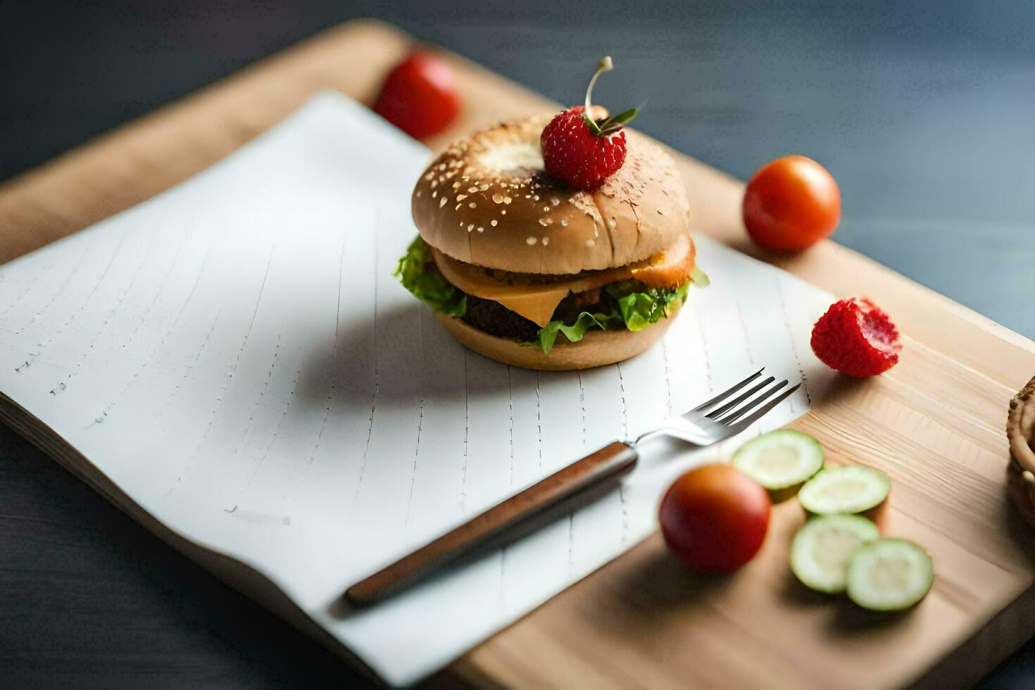 a hamburger on a cutting board with a knife and fork. AI-Generated photo