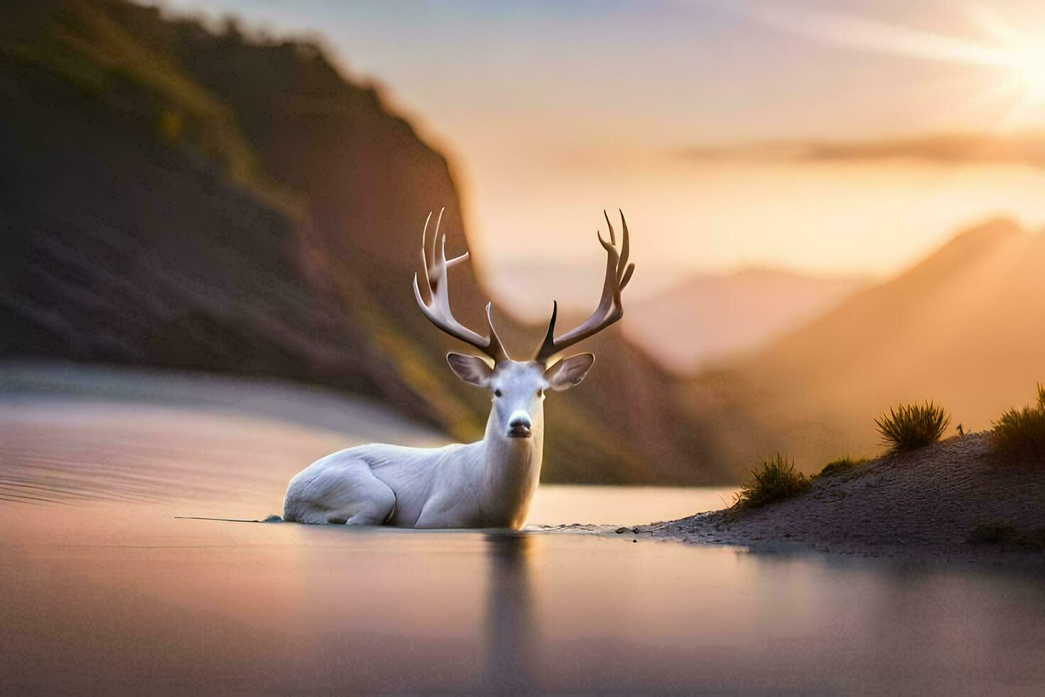 a white deer is sitting in the water at sunset. AI-Generated photo