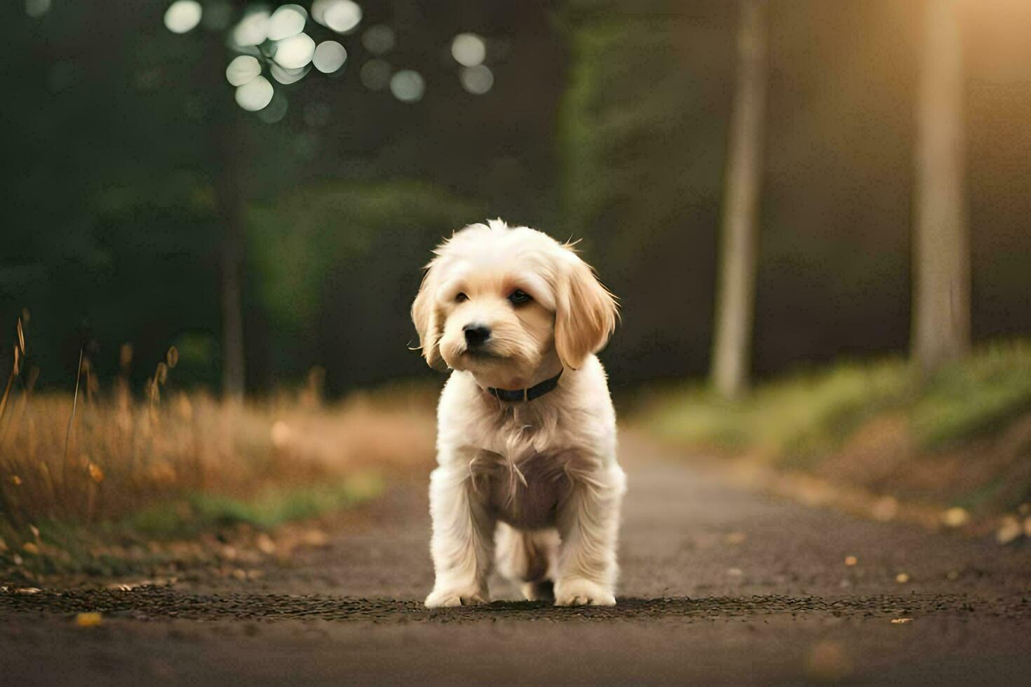 a small white dog standing on a road in the woods. AI-Generated photo