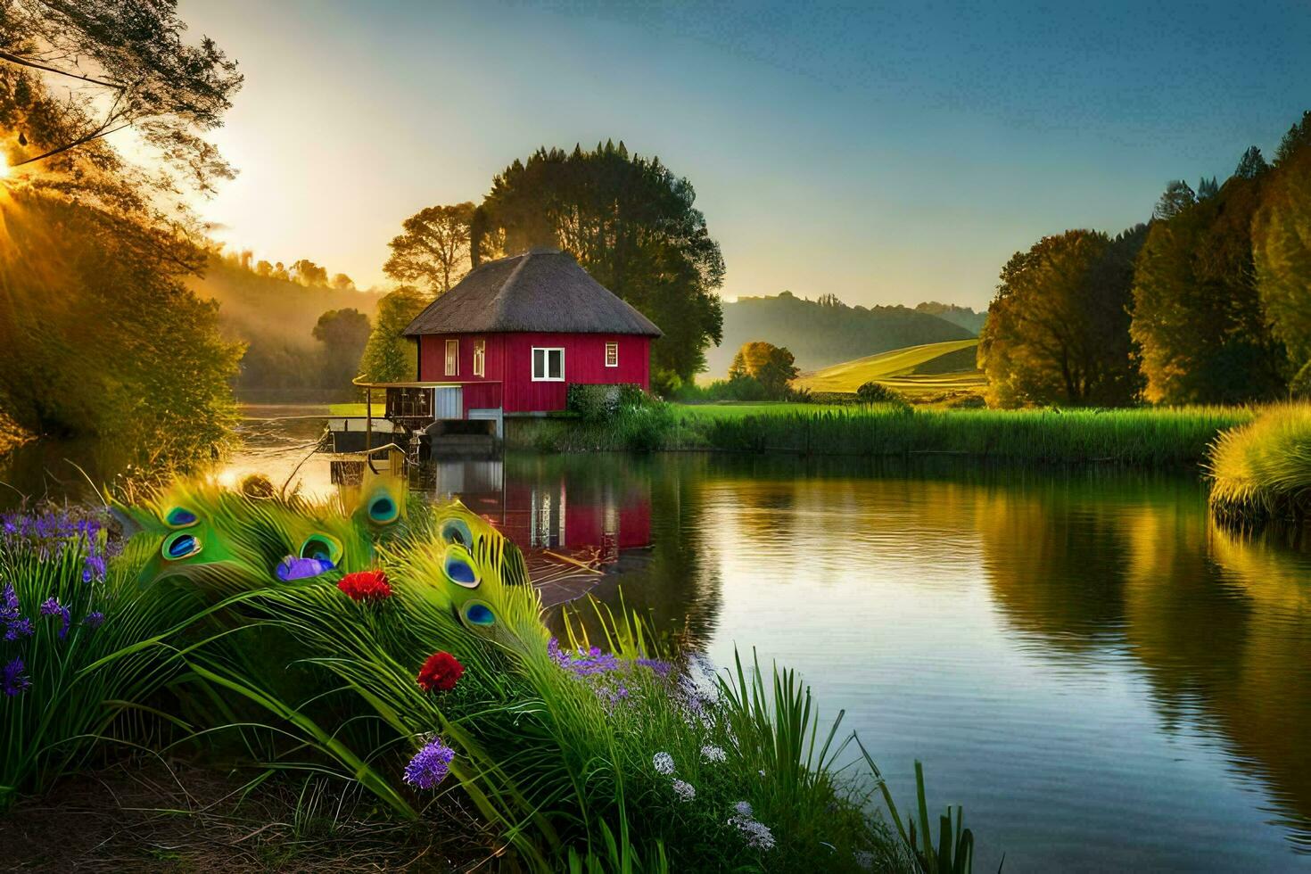 a red house sits on the bank of a river with flowers and grass. AI-Generated photo